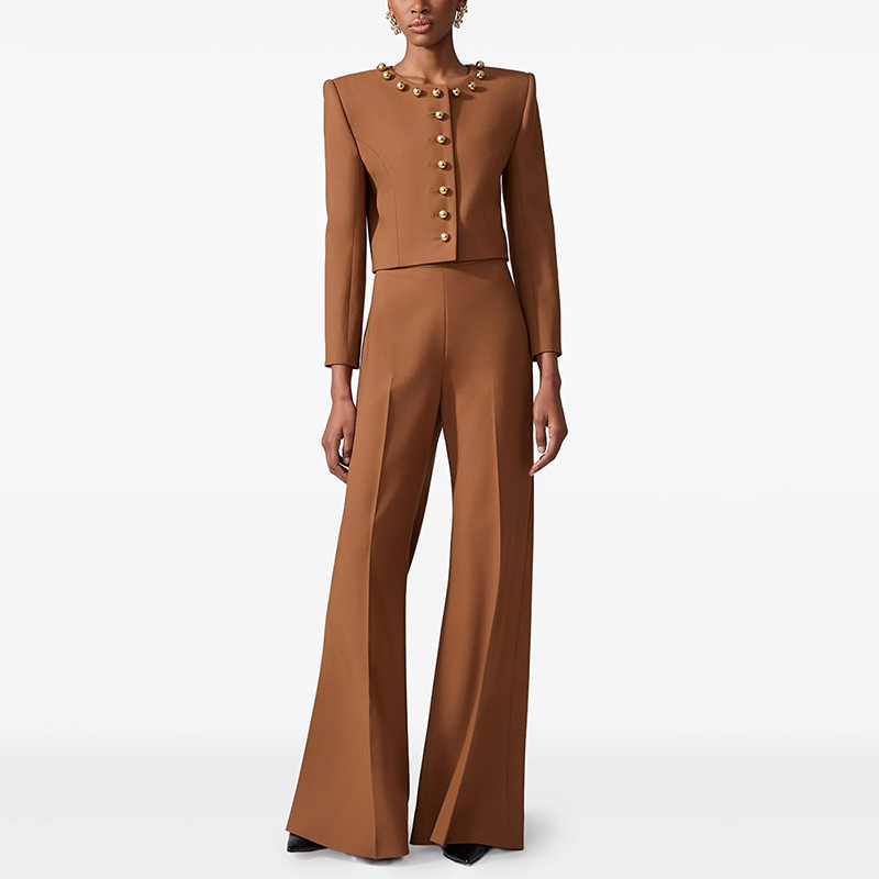 Chic Brown Cropped Blazer & Wide Leg Trousers Set - Gold Button 3082
