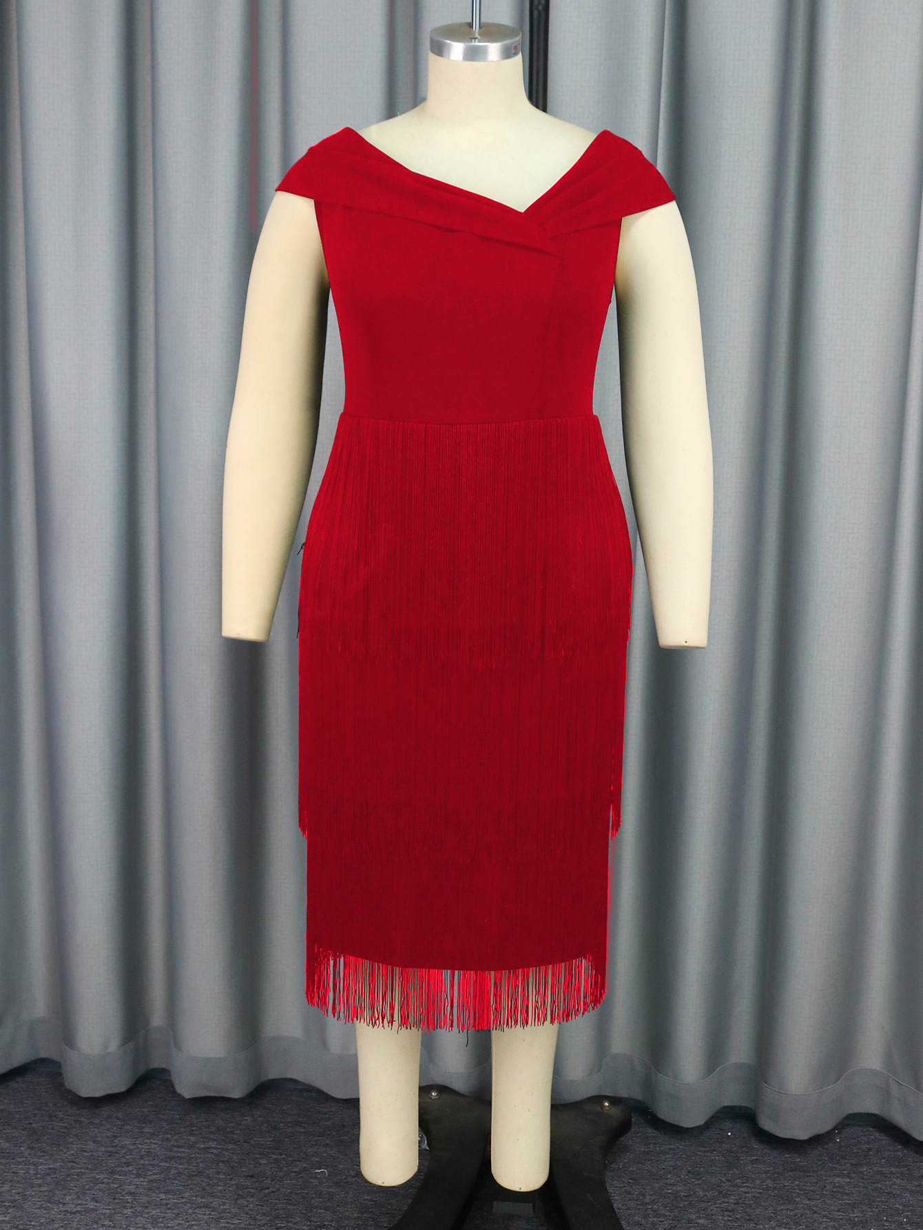 Plus-Sizes Off-Shoulder Fringe Detail Cocktail Dress AM041114-UGENA FASHION