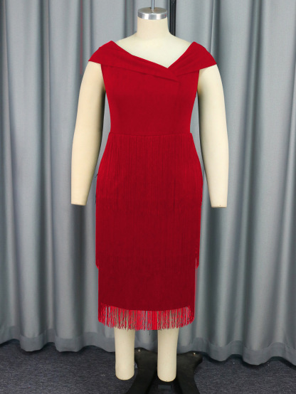 Plus-Sizes Off-Shoulder Fringe Detail Cocktail Dress AM041114-UGENA FASHION