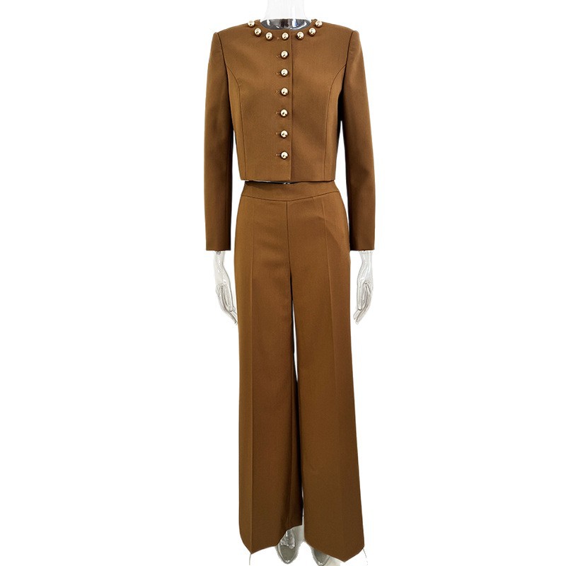 Chic Brown Cropped Blazer & Wide Leg Trousers Set - Gold Button 3082