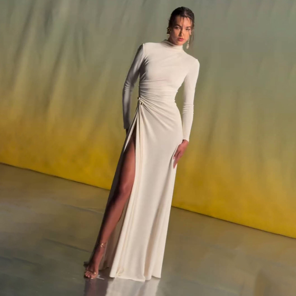 Elegant White Mock Neck Long Sleeve High Slit Gown - Bodycon Ruched Maxi Dress for Evening, Cocktail & Wedding Guest BD2666