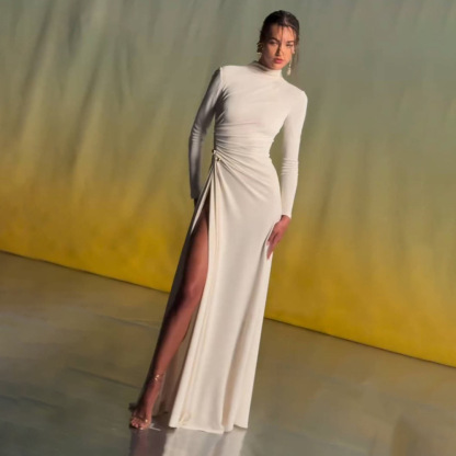 Elegant White Mock Neck Long Sleeve High Slit Gown - Bodycon Ruched Maxi Dress for Evening, Cocktail & Wedding Guest BD2666
