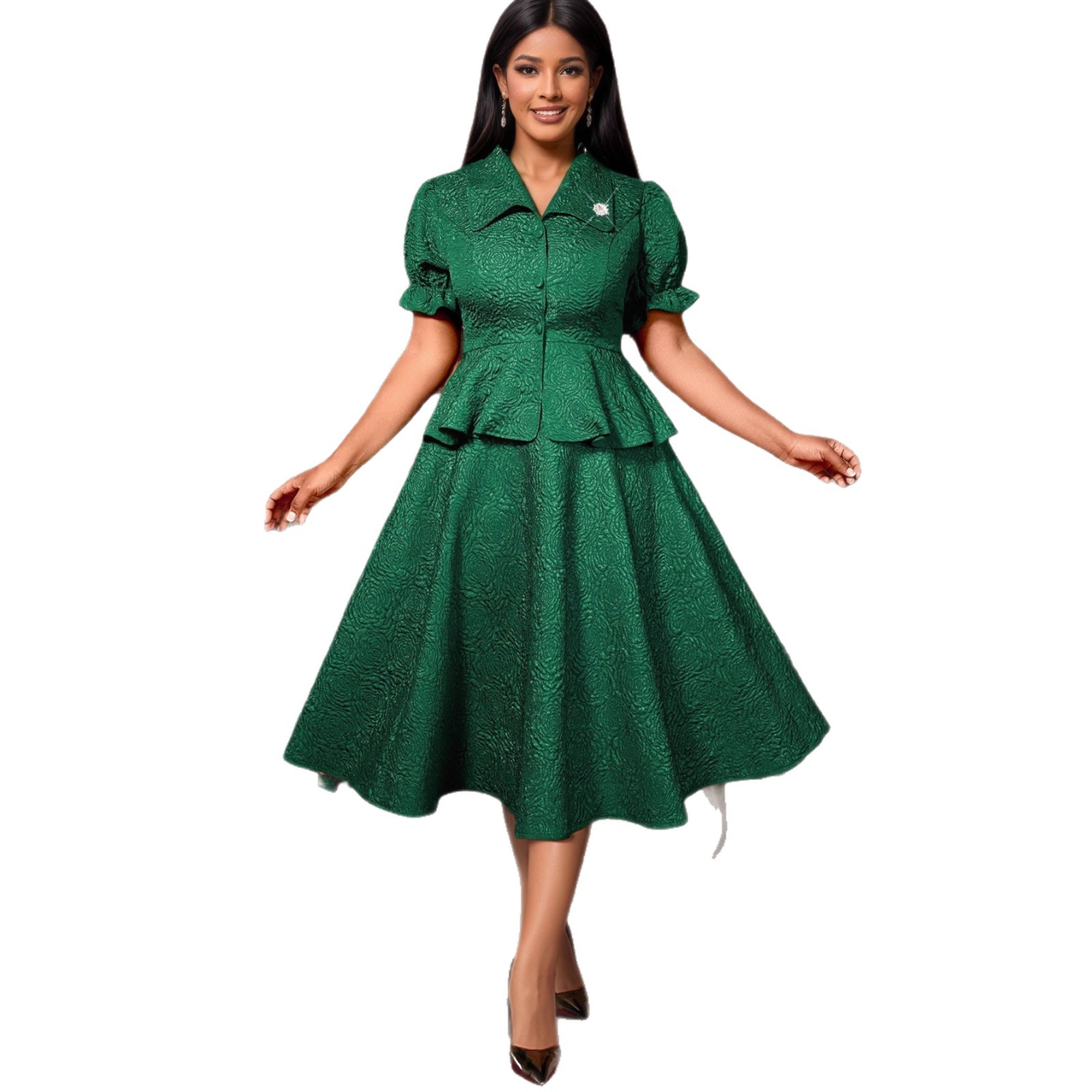 Plus-Sizes Vintage-Inspired Peplum Skirt Suit with A-Line Skirt AM050247SET	-UGENA FASHION