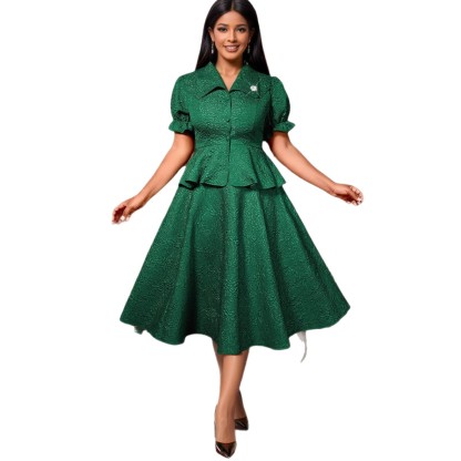 Plus-Sizes Vintage-Inspired Peplum Skirt Suit with A-Line Skirt AM050247SET	-UGENA FASHION