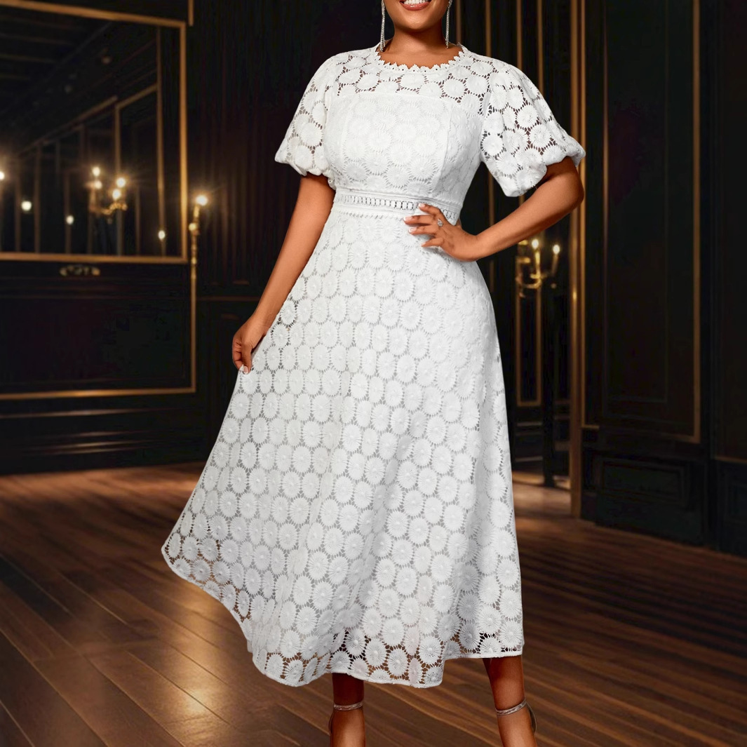 Plus-Sizes Elegant White Hollow-Out Lace Midi Dress - Perfect for Weddings, Receptions & Bridal Showers AM050348	-UGENA FASHION