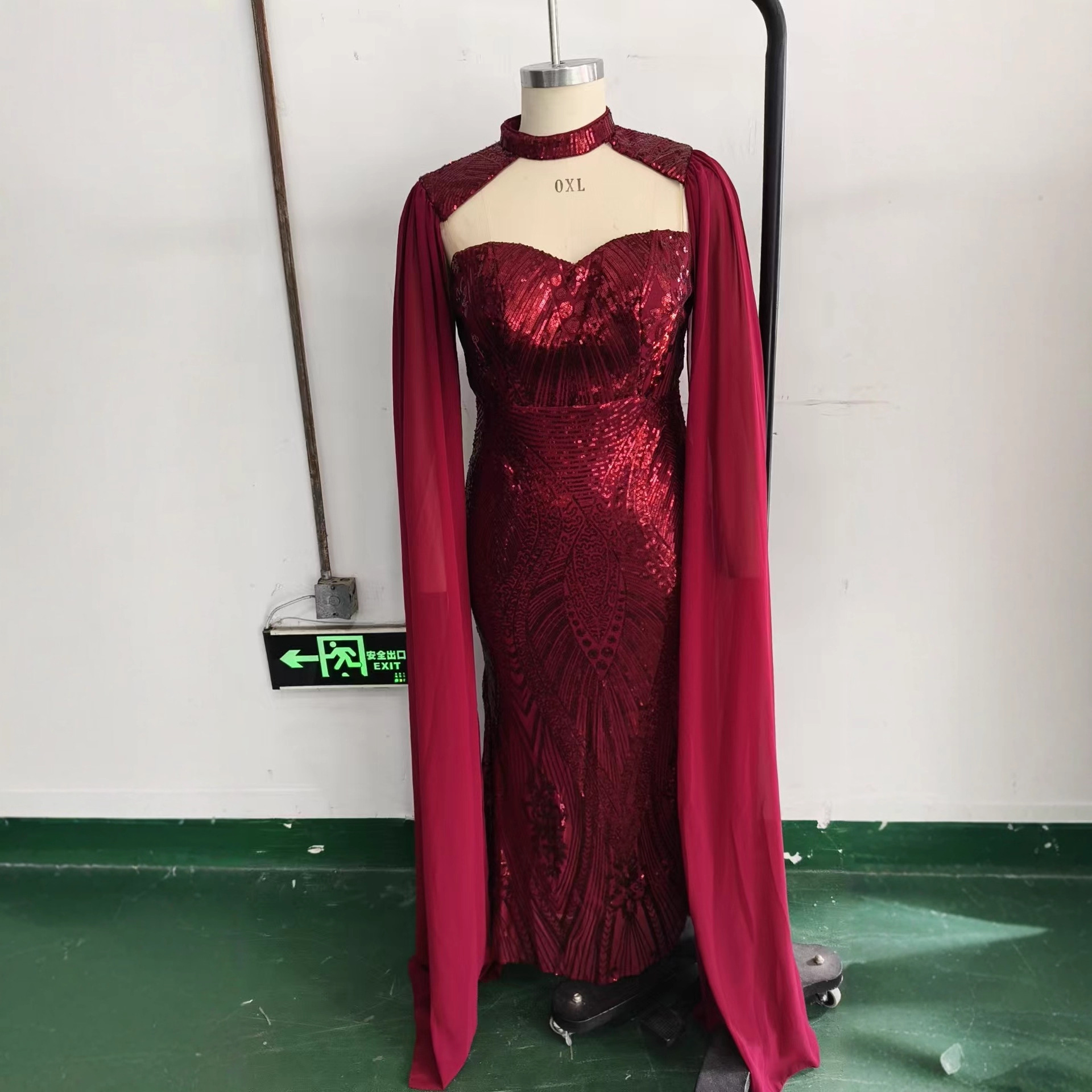 Dramatic Burgundy Sequin Mermaid Gown | High Neck Keyhole & Flowing Cape Sleeves Evening Dress pmq0001