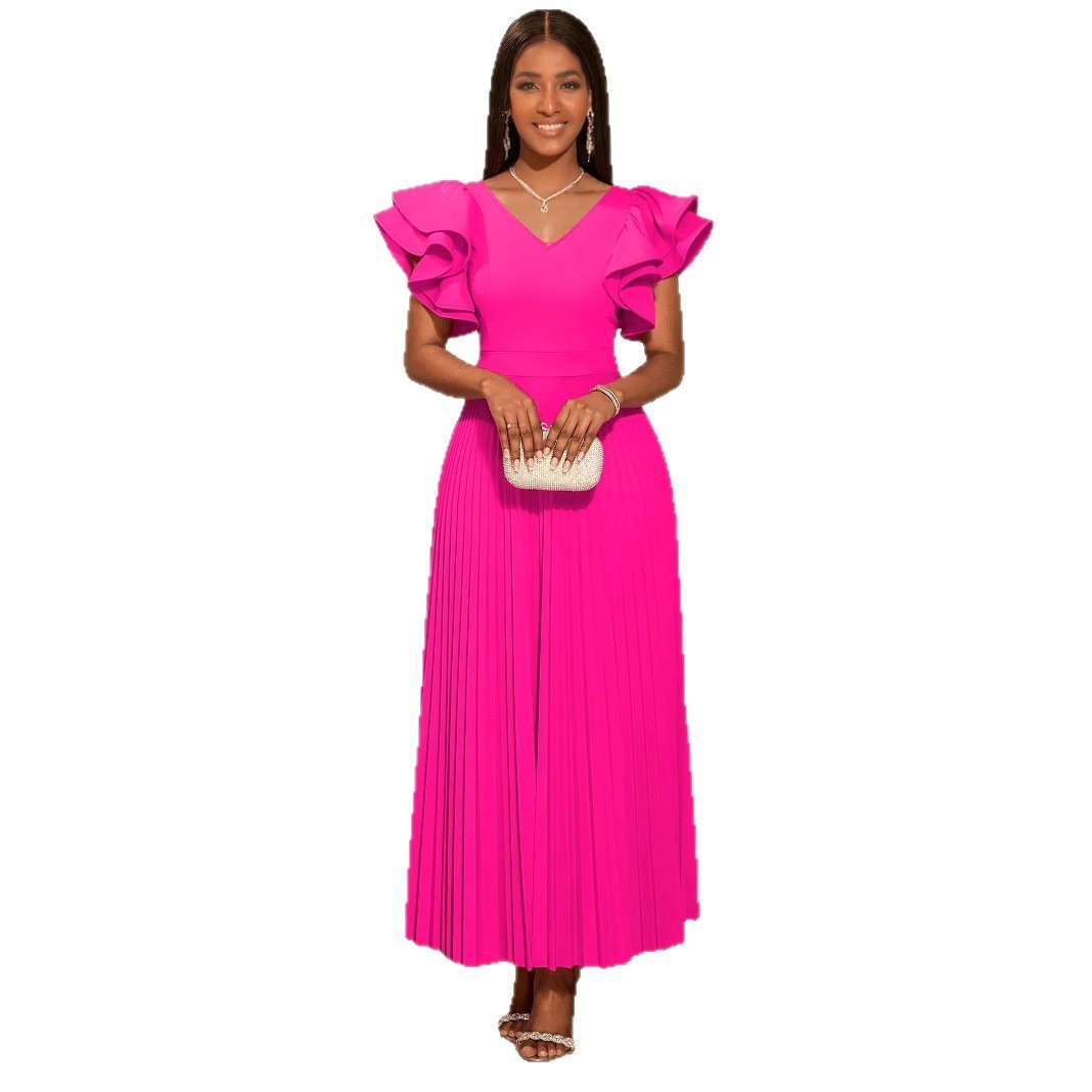 Plus-Sizes V-Neck Ruffle Sleeve Pleated A-Line Maxi Dress - Elegant Solid Pink Party Gown AM050446	-UGENA FASHION