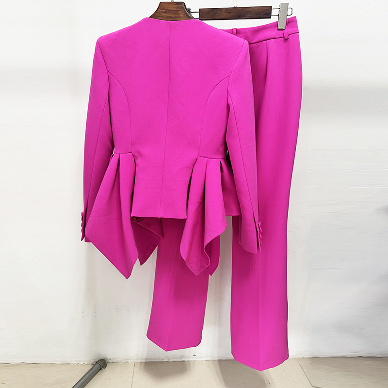 Elegant Fuchsia Peplum Blazer & Flare Pants Set - High-Fashion Double Breasted Ruffle Waist Suit for Women - Formal Evening & Runway Two-Piece Outfit 3012