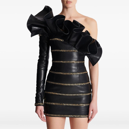 Edgy Black Faux Leather One-Shoulder Mini Dress with Gold Chain 2810