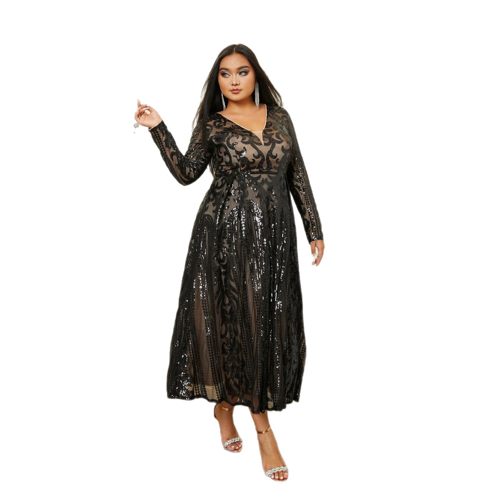 Plus Size Black Sequin Midi Dress | Elegant Long Sleeve V-Neck Cocktail & Party Gown pmes00404