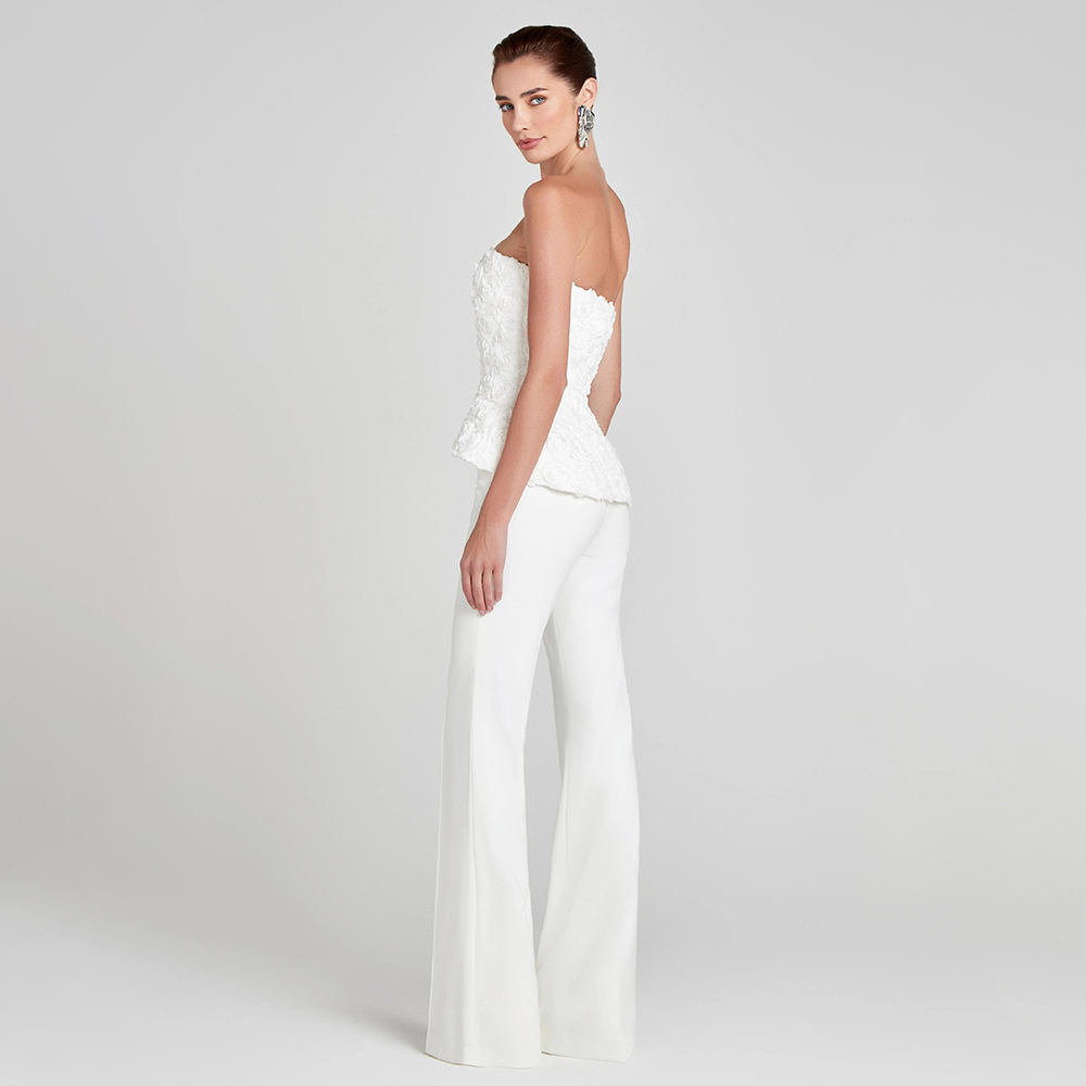 Chic White Strapless Peplum Jumpsuit - 3D Floral Textured Wide Leg Pants Suit for Wedding & Gala BD2667