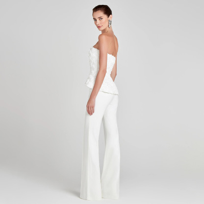 Chic White Strapless Peplum Jumpsuit - 3D Floral Textured Wide Leg Pants Suit for Wedding & Gala BD2667