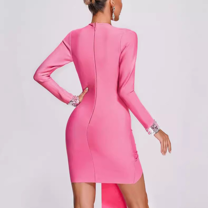 Hot Pink Sequin Plunge V-Neck Bodycon Dress – Long Sleeve Ruched Party Mini BA354