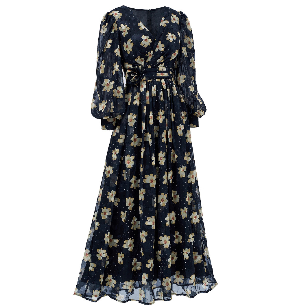 Navy Floral & Polka Dot Chiffon Maxi Dress | Vintage V-Neck Long Puff Sleeve Gown with Ruched Waist | Fall/Winter Formal Occasion Wear qc22