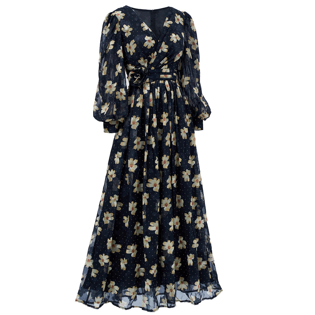 Navy Floral & Polka Dot Chiffon Maxi Dress | Vintage V-Neck Long Puff Sleeve Gown with Ruched Waist | Fall/Winter Formal Occasion Wear qc22