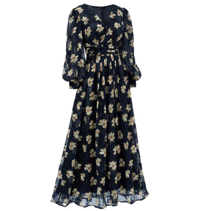 Navy Floral & Polka Dot Chiffon Maxi Dress | Vintage V-Neck Long Puff Sleeve Gown with Ruched Waist | Fall/Winter Formal Occasion Wear qc22