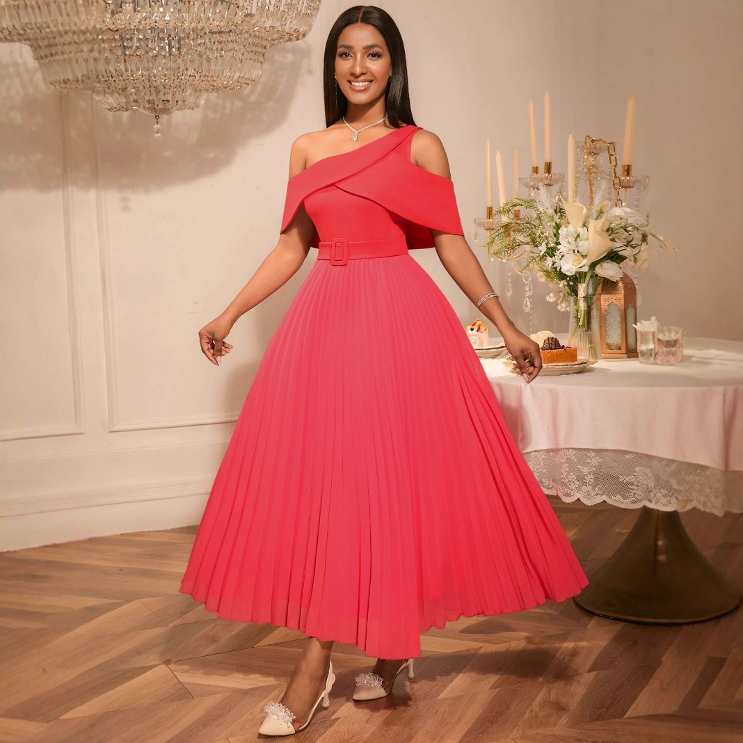 Plus-Sizes Stylish Asymmetric Off-Shoulder Pleated Dress with Belt AM050403	-UGENA FASHION
