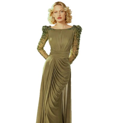 Elegant Olive Green Beaded Long Sleeve Draped Gown 9009