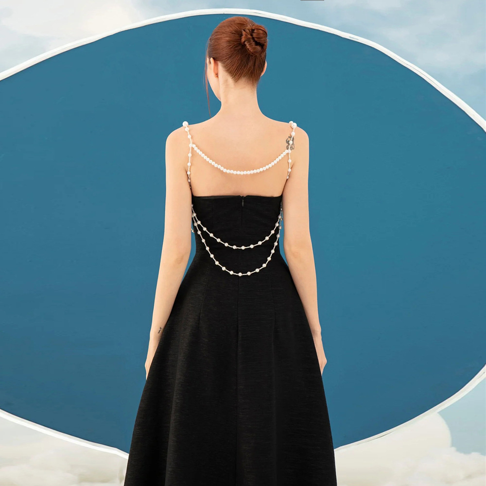 Elegant Black Midi Dress with Pearl Straps - Vintage Sweetheart Neckline Cocktail Gown for Women Z0026