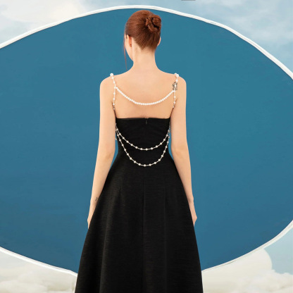 Elegant Black Midi Dress with Pearl Straps - Vintage Sweetheart Neckline Cocktail Gown for Women Z0026
