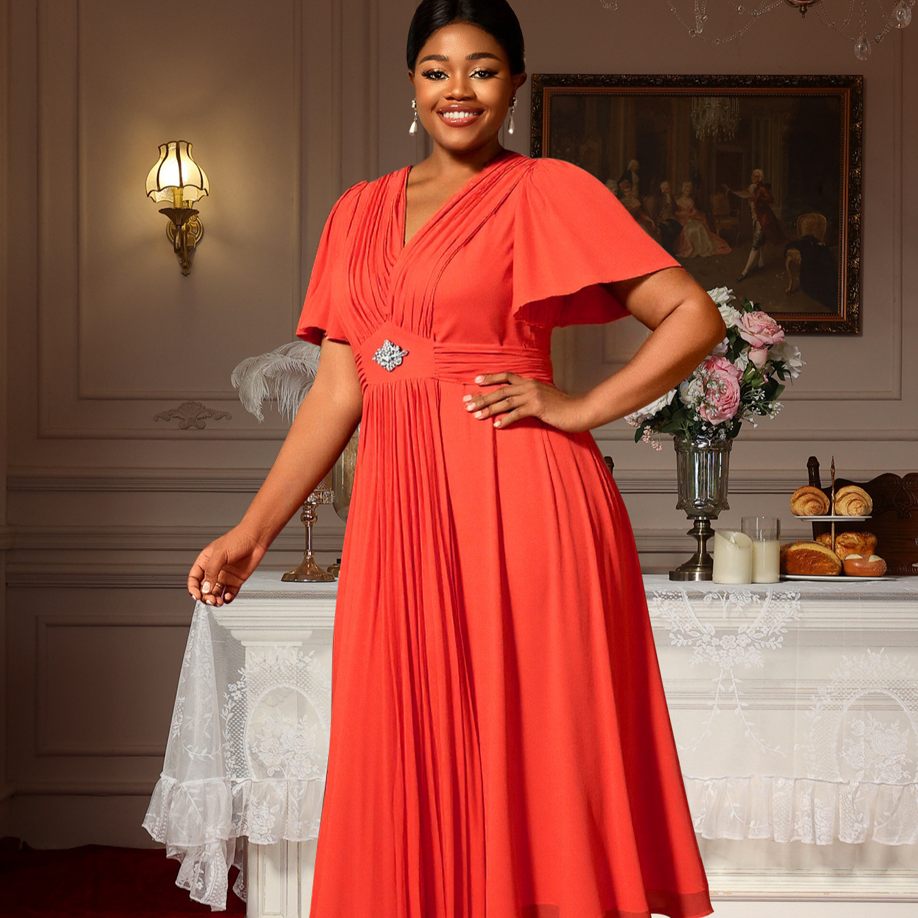 Plus-Sizes Elegant Flutter Sleeve Dress with Rhinestone Detail AM050506-UGENA FASHION