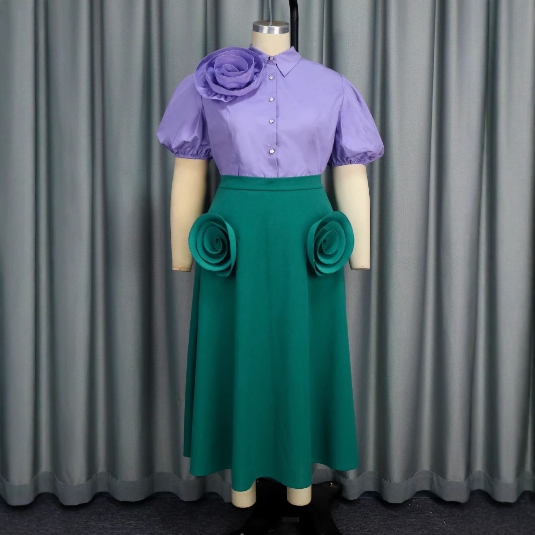 Plus-Sizes Elegant 3D Floral Blouse & Skirt Set - Two-Piece Outfit AM041031SET	-UGENA FASHION