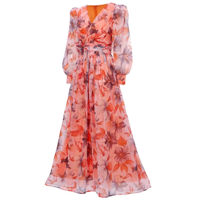 Coral Floral Print Maxi Chiffon Dress | V-Neck Long Sleeve Flowy Gown with Ruched Waist Detail | Elegant Summer Wedding Guest Attire qc19