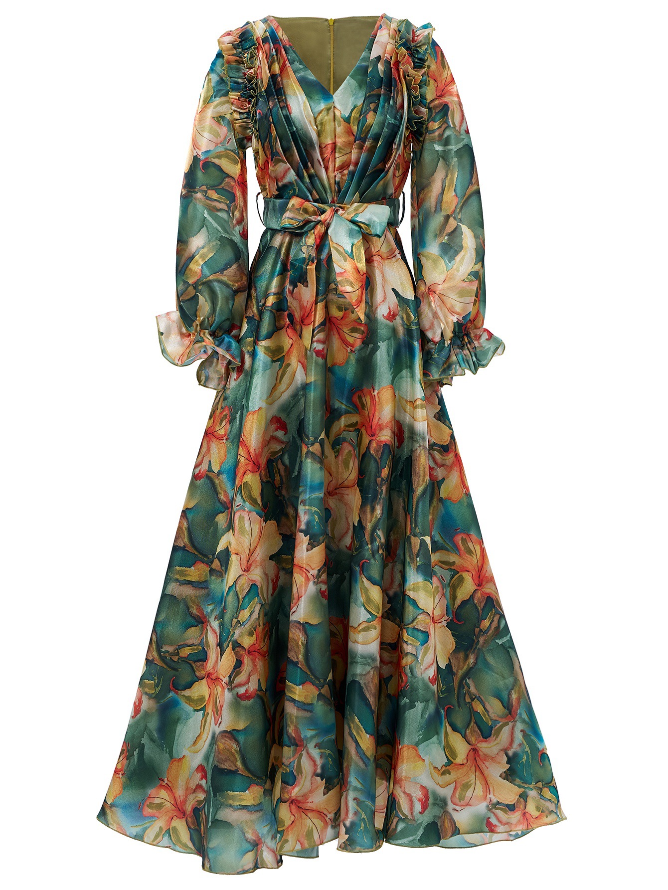 Terracotta Floral Chiffon Maxi Dress | Ruffle Shoulder V-Neck Gown with Tie-Waist Belt | Elegant Fall Wedding Guest & Resort Wear qc23