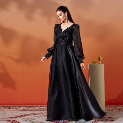 Elegant Black V-Neck Long Sleeve Chiffon A-Line Formal Gown with Beaded Detail dh80456