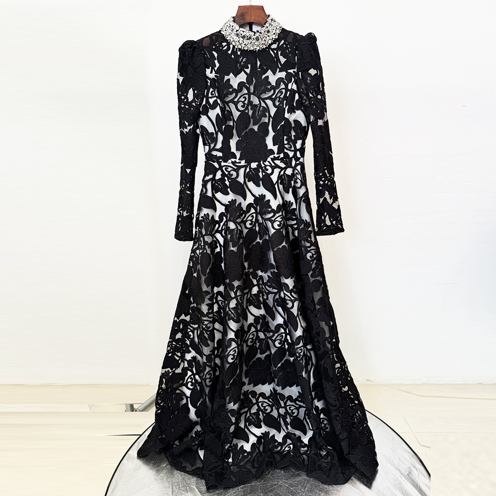 Luxurious Black Lace Long Sleeve Evening Gown with Crystal Jeweled Collar - Elegant Floor-Length Formal Gala & Party Dress 9106