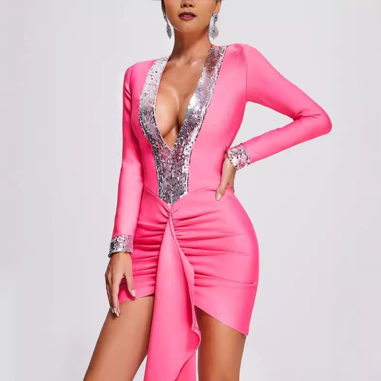 Hot Pink Sequin Plunge V-Neck Bodycon Dress – Long Sleeve Ruched Party Mini BA354