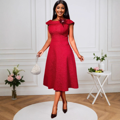 Plus-Sizes Elegant Red Off-Shoulder Midi Dress with Floral Brocade Texture - Perfect for Parties & Special Occasions AM050233	-UGENA FASHION