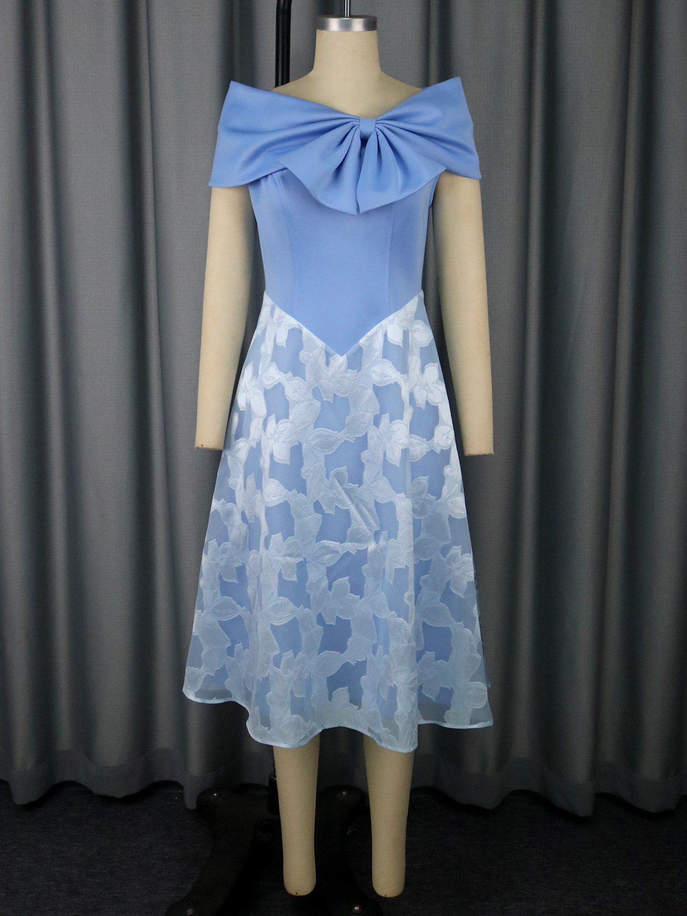 Plus-Sizes Romantic Bow-Detail Cocktail Dress with Jacquard Skirt AM050558	-UGENA FASHION