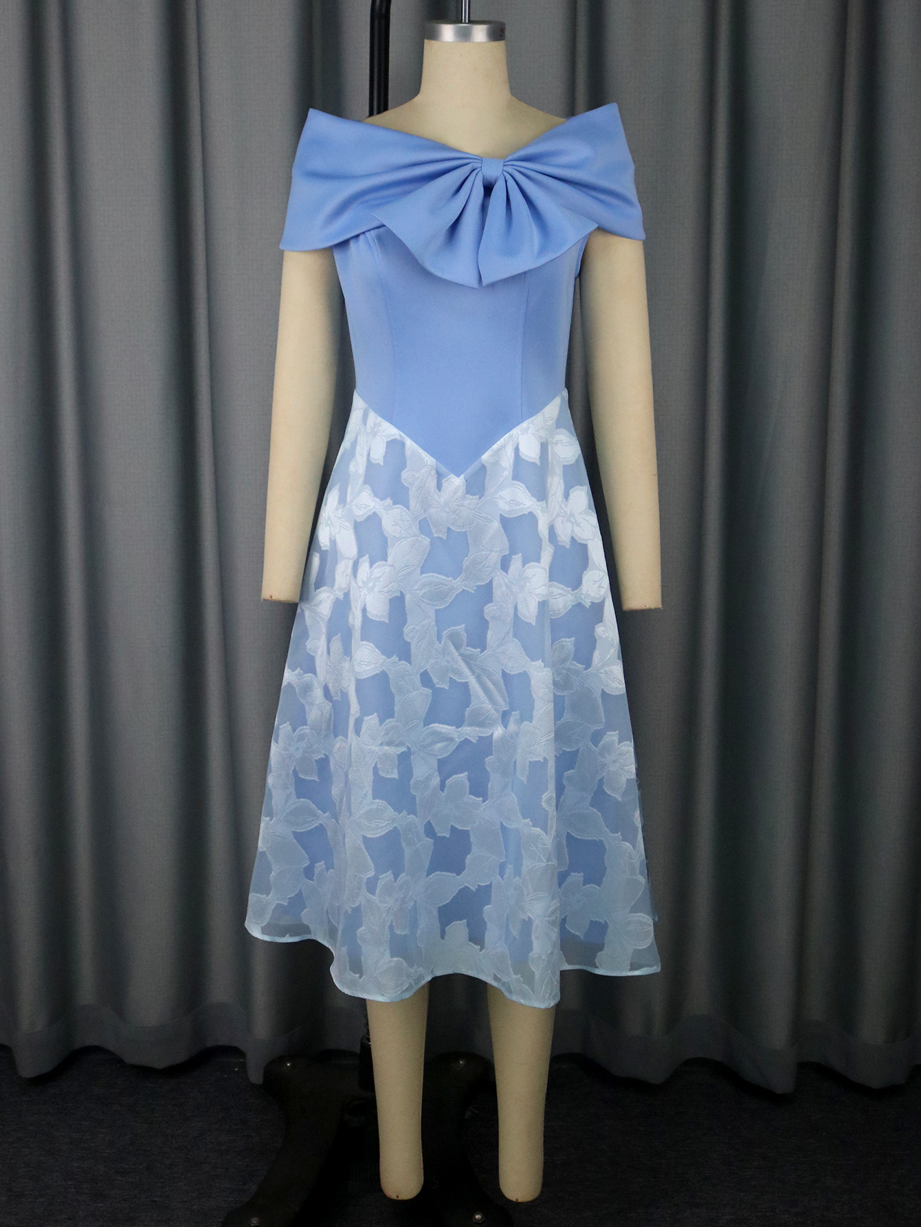 Plus-Sizes Romantic Bow-Detail Cocktail Dress with Jacquard Skirt AM050558	-UGENA FASHION