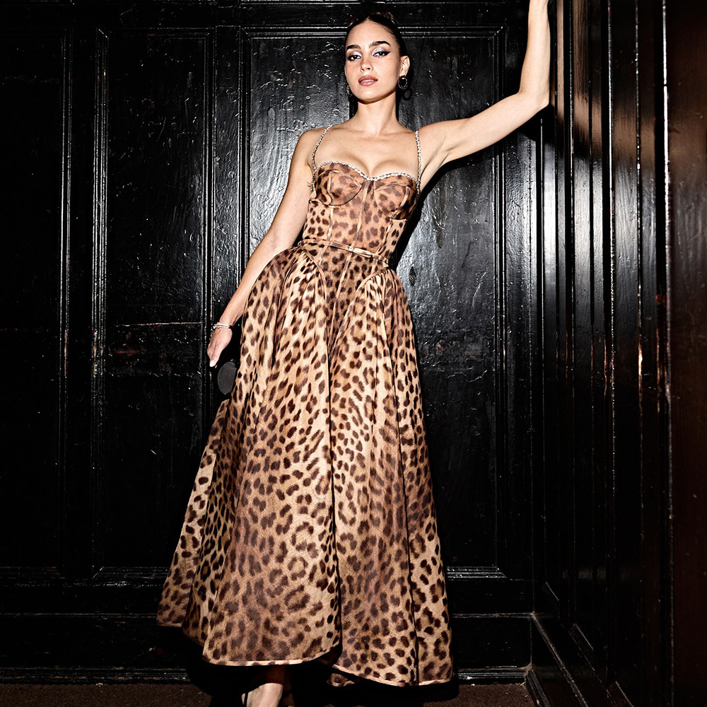 Leopard Print Bustier A-Line Midi Dress - Rhinestone Strap Corset Style Sundress BD2583