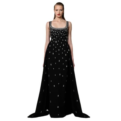 Elegant Burgundy Square Neck Evening Gown - Teardrop Crystal Embellished A-Line Formal Prom Dress 9008