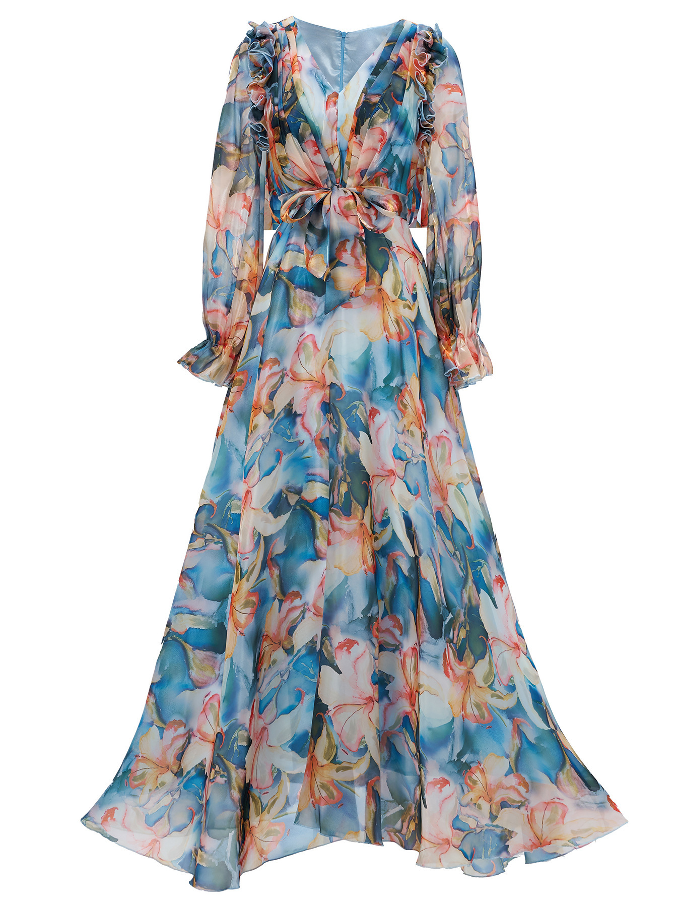 Terracotta Floral Chiffon Maxi Dress | Ruffle Shoulder V-Neck Gown with Tie-Waist Belt | Elegant Fall Wedding Guest & Resort Wear qc23