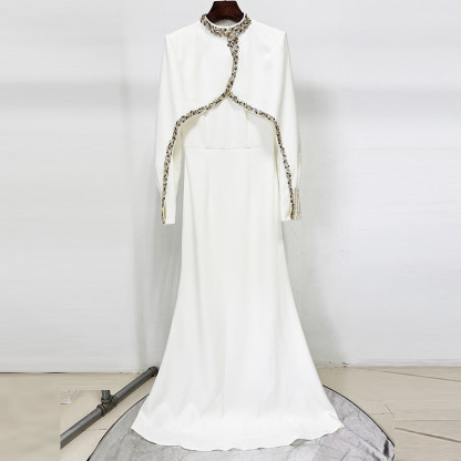 Luxury High Neck Long Sleeve Mermaid Wedding Dress with Detachable Beaded Capelet - Red/White 9099