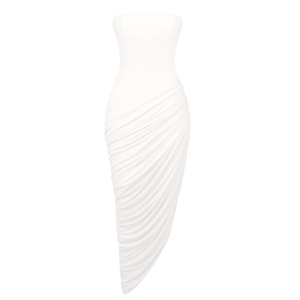 Luxurious White Corset Back Strapless Gown - Asymmetric Draped High Slit Maxi Dress for Modern Bridal & Event BD2670