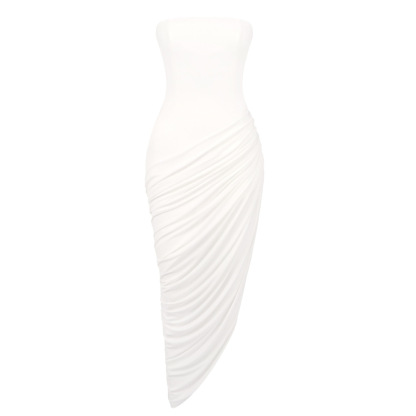 Luxurious White Corset Back Strapless Gown - Asymmetric Draped High Slit Maxi Dress for Modern Bridal & Event BD2670