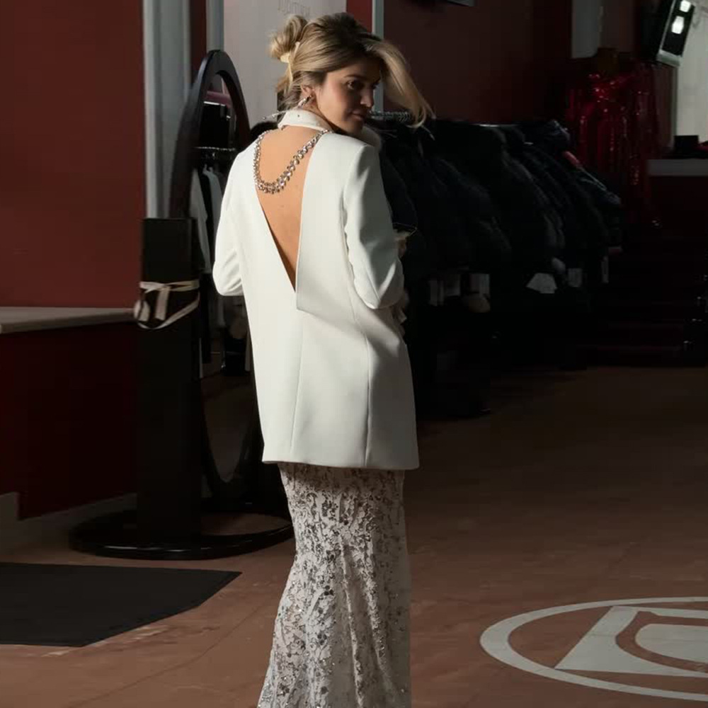 Modern Backless Bridal Blazer and Sequin Lace Mermaid Skirt Set - Two-Piece Wedding Suit for Reception & Civil Ceremony Z0028