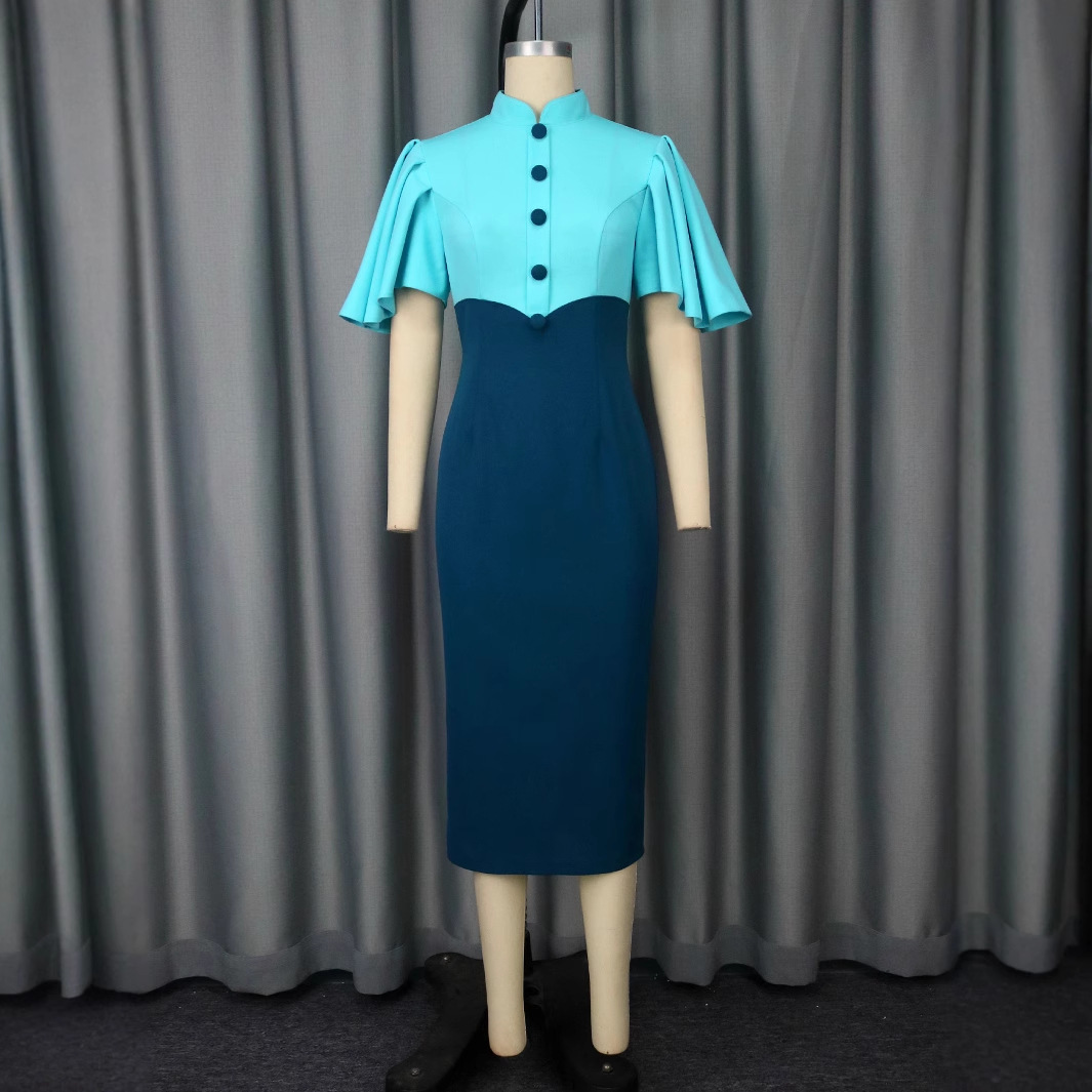 Plus-Sizes Elegant Patchwork Sheath Dress with Flounce Sleeves - Two-Tone Bodycon Midi Dress for Women AM050532	-UGENA FASHION