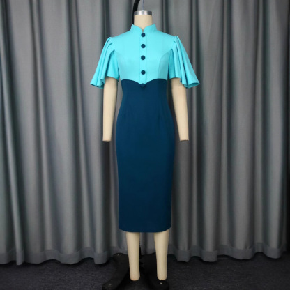 Plus-Sizes Elegant Patchwork Sheath Dress with Flounce Sleeves - Two-Tone Bodycon Midi Dress for Women AM050532	-UGENA FASHION