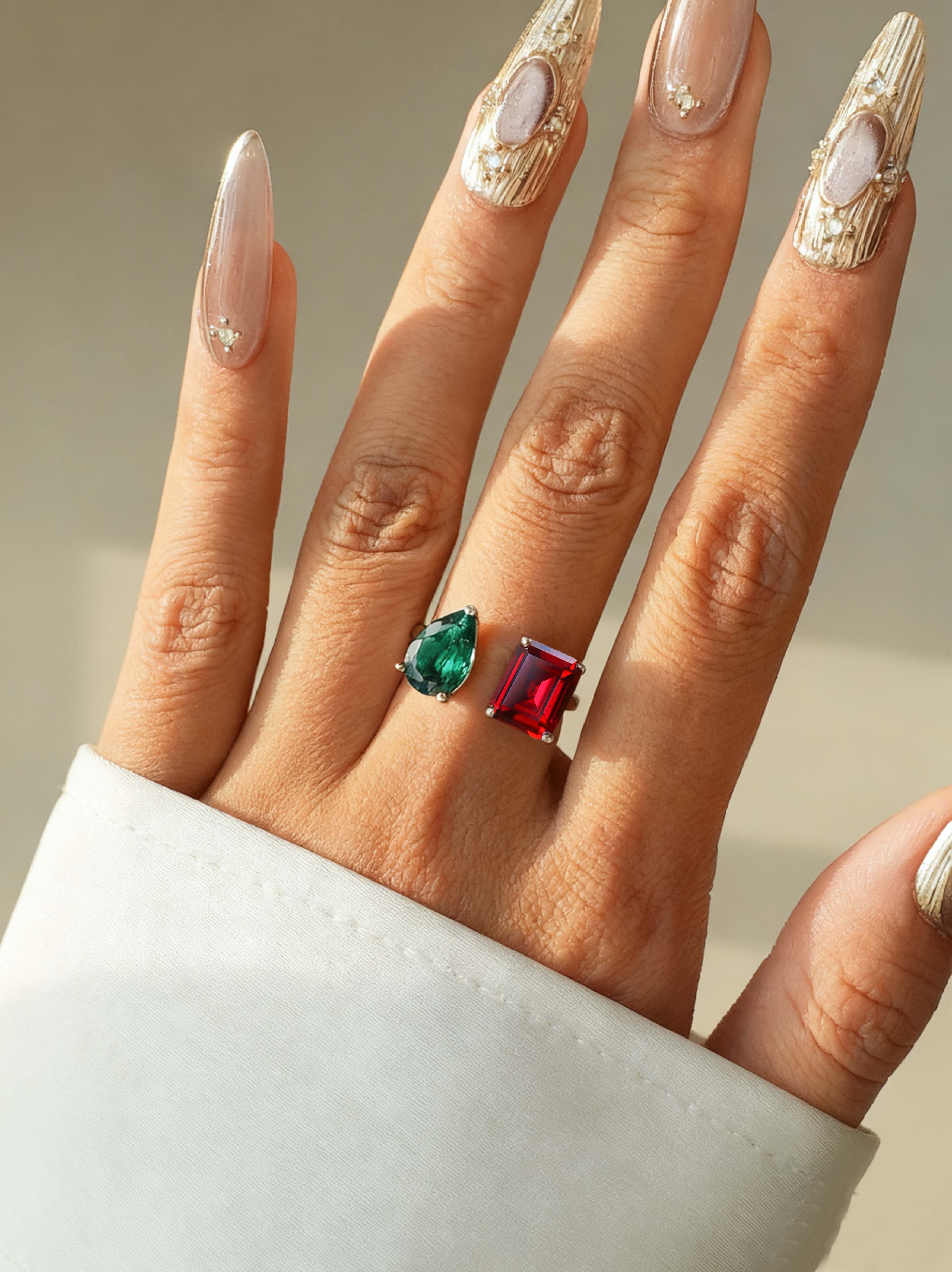 Adjustable Ring Set with Emerald and Ruby