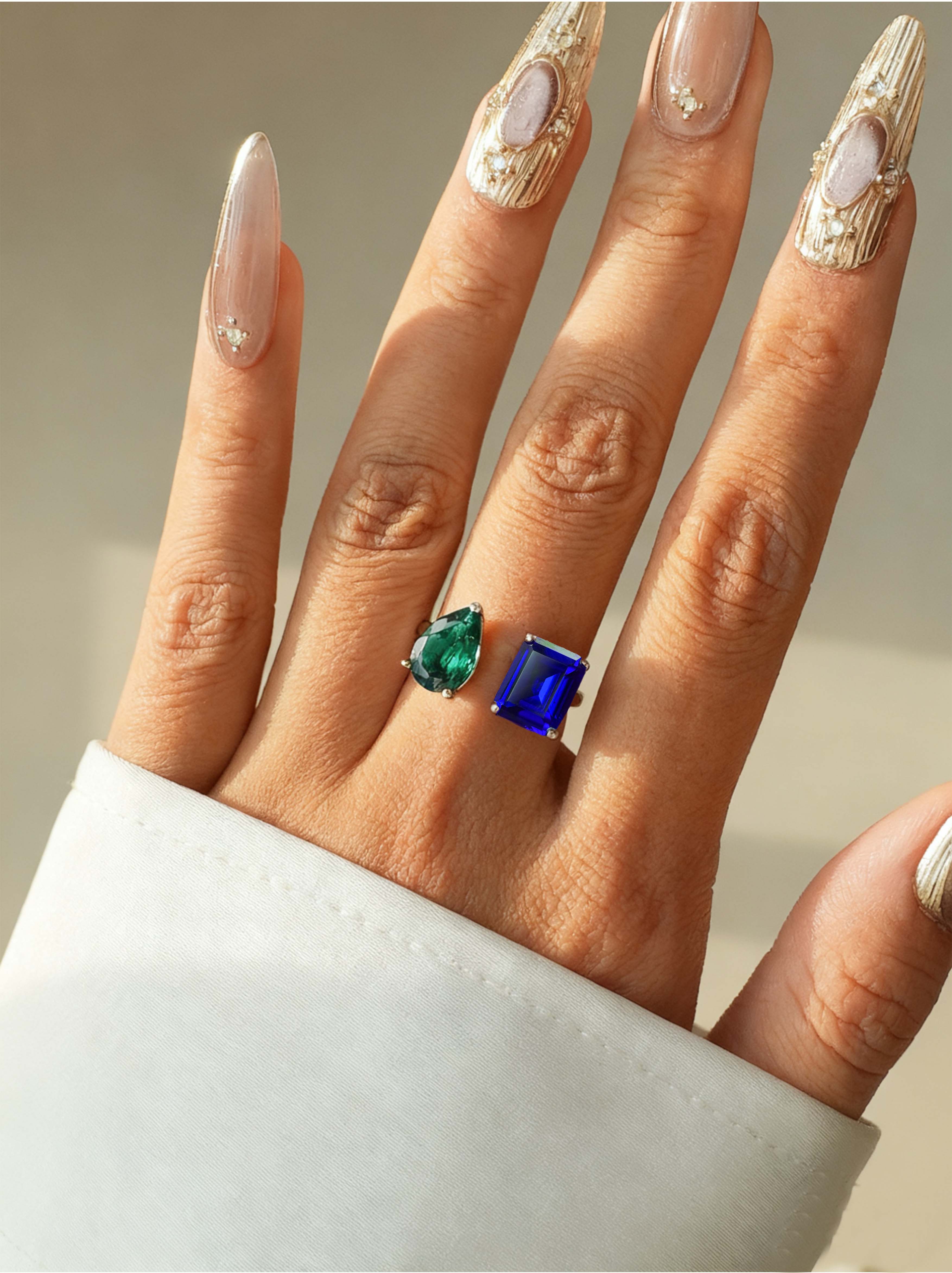 Adjustable Ring Set with Emerald and Sapphire