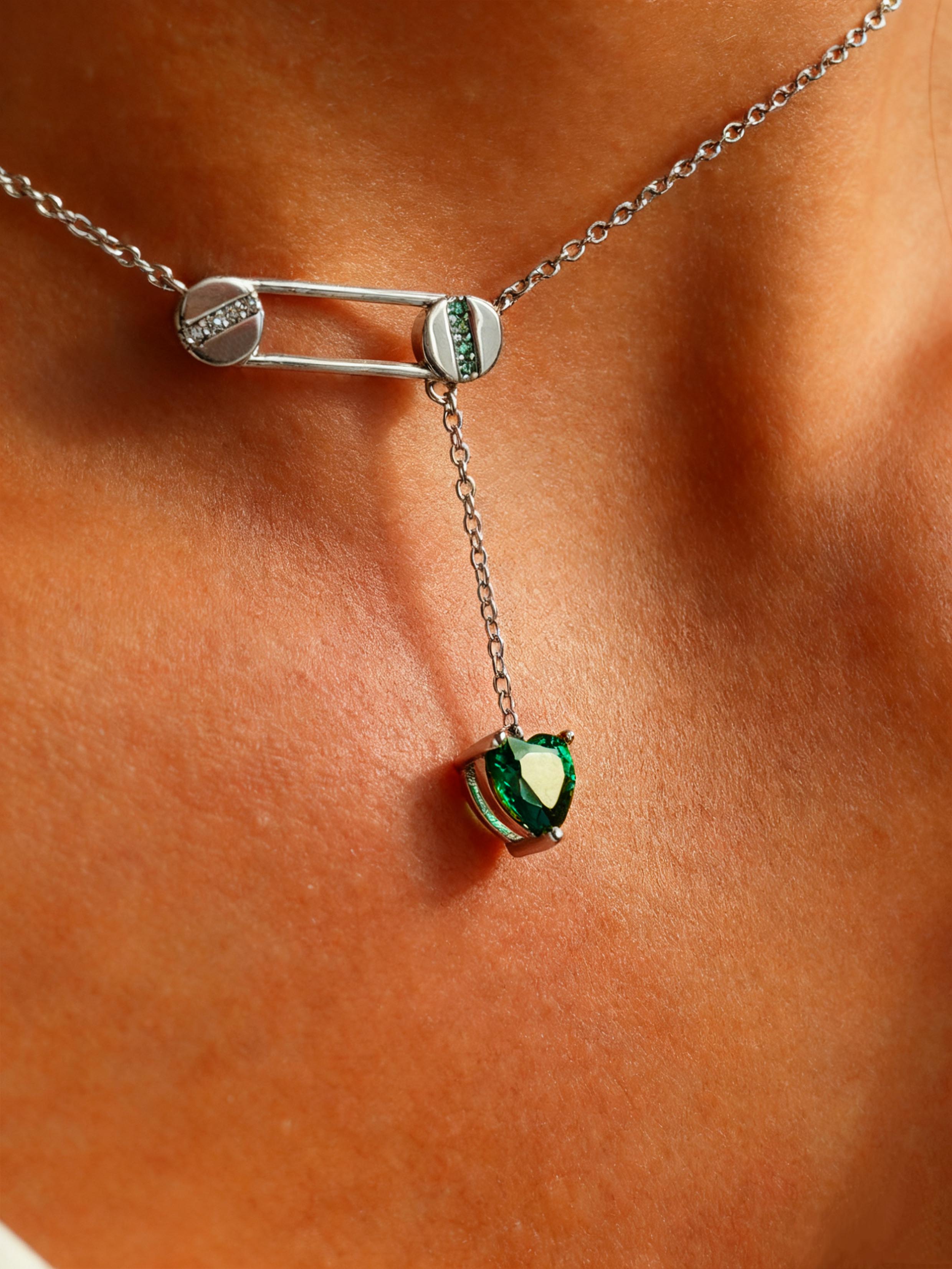 Heart brilliant cut Emerald Necklace - Pin & Heart