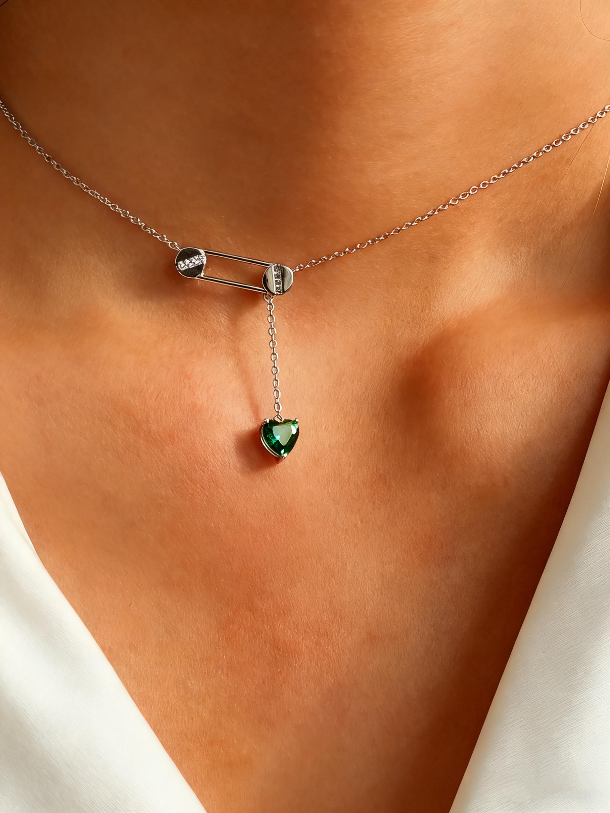 Heart brilliant cut Emerald Necklace - Pin & Heart