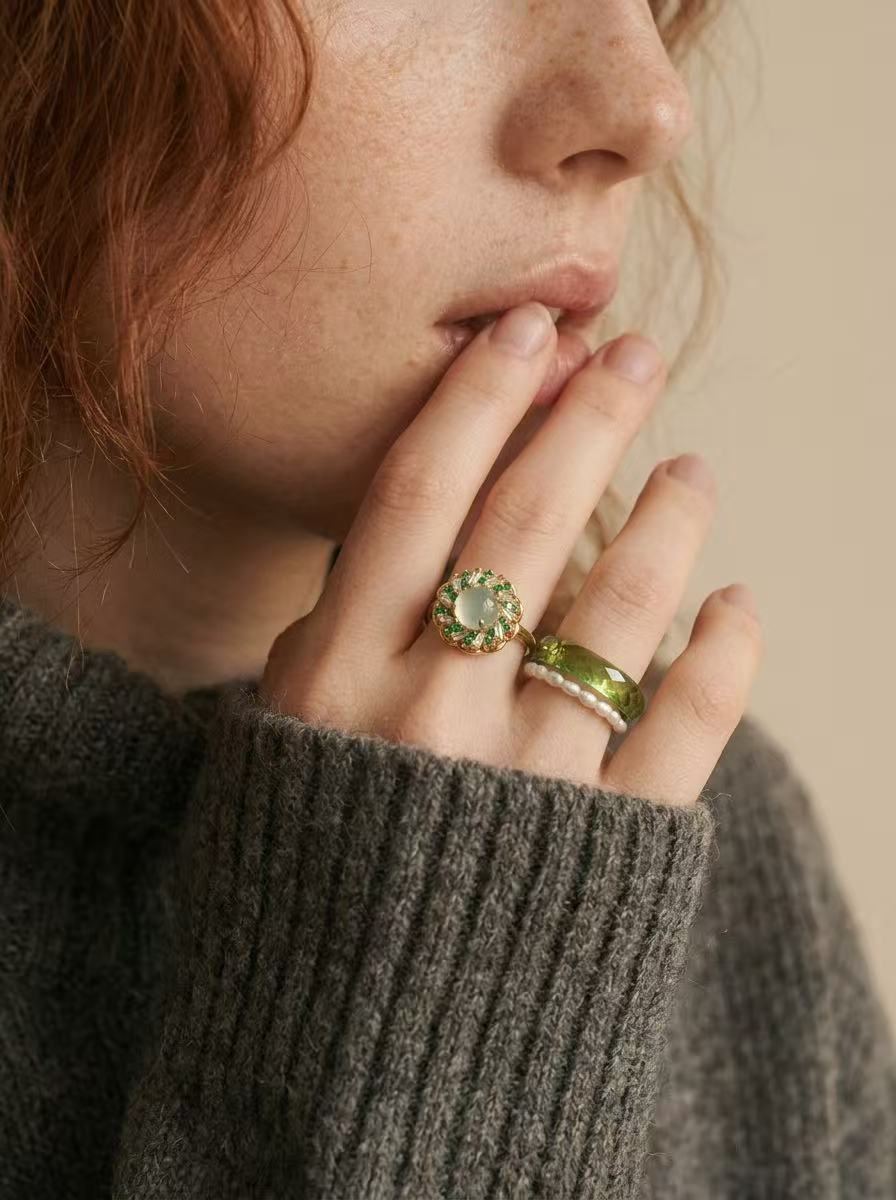 360-Degree Faceted Green Sapphire Ring
