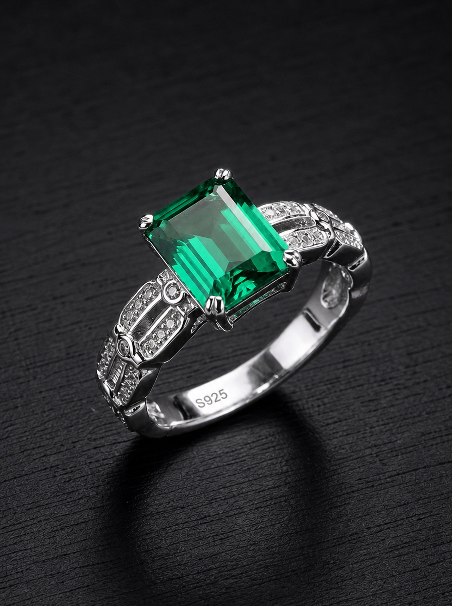 Emerald Brilliant Cut Emerald Ring - Verdant Poise