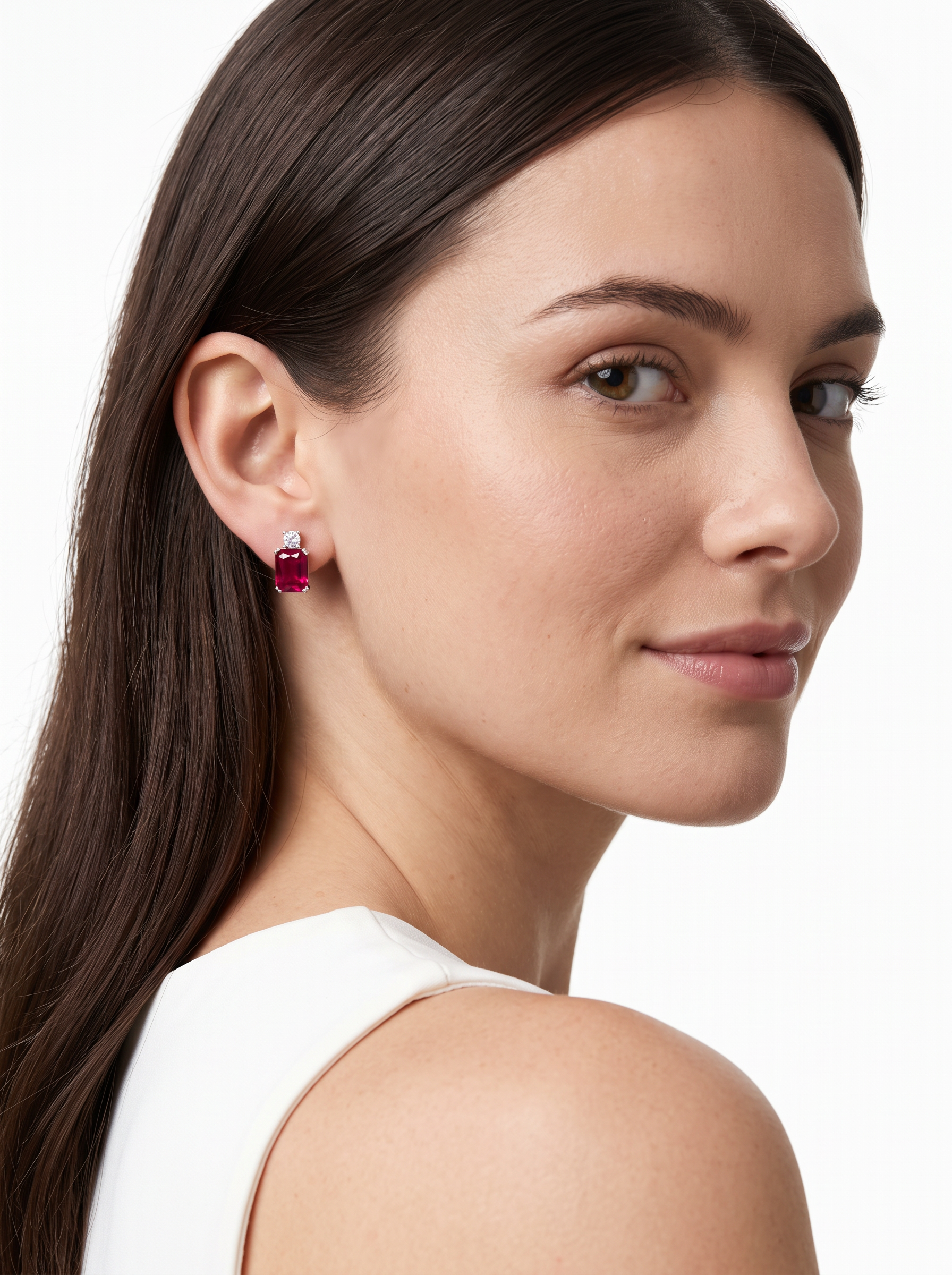 Rectangular Brilliant Cut Ruby/Sapphire Earrings - Scarlet Glow